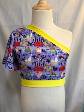 Kids Purple 'Friends' Print One-Shoulder Top with Yellow Trim